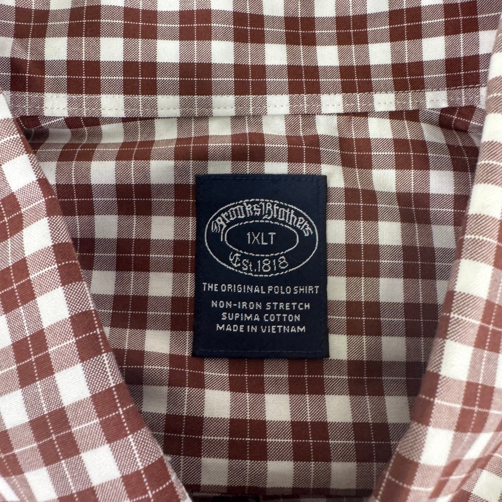 Brooks Brothers Mens 1XLT Brown Gingham Supima Cotton Non-Iron Stretch Shirt - Picture 4 of 9